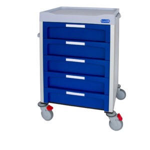 carro sanitario de bandejas azul y gris