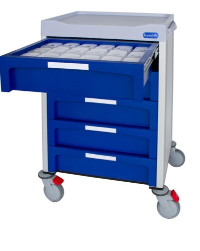 carro sanitario de bandejas azul y gris