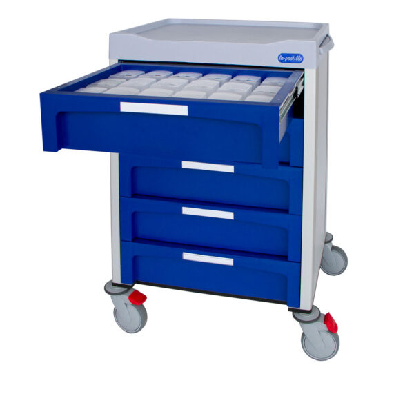 carro sanitario de bandejas azul y gris